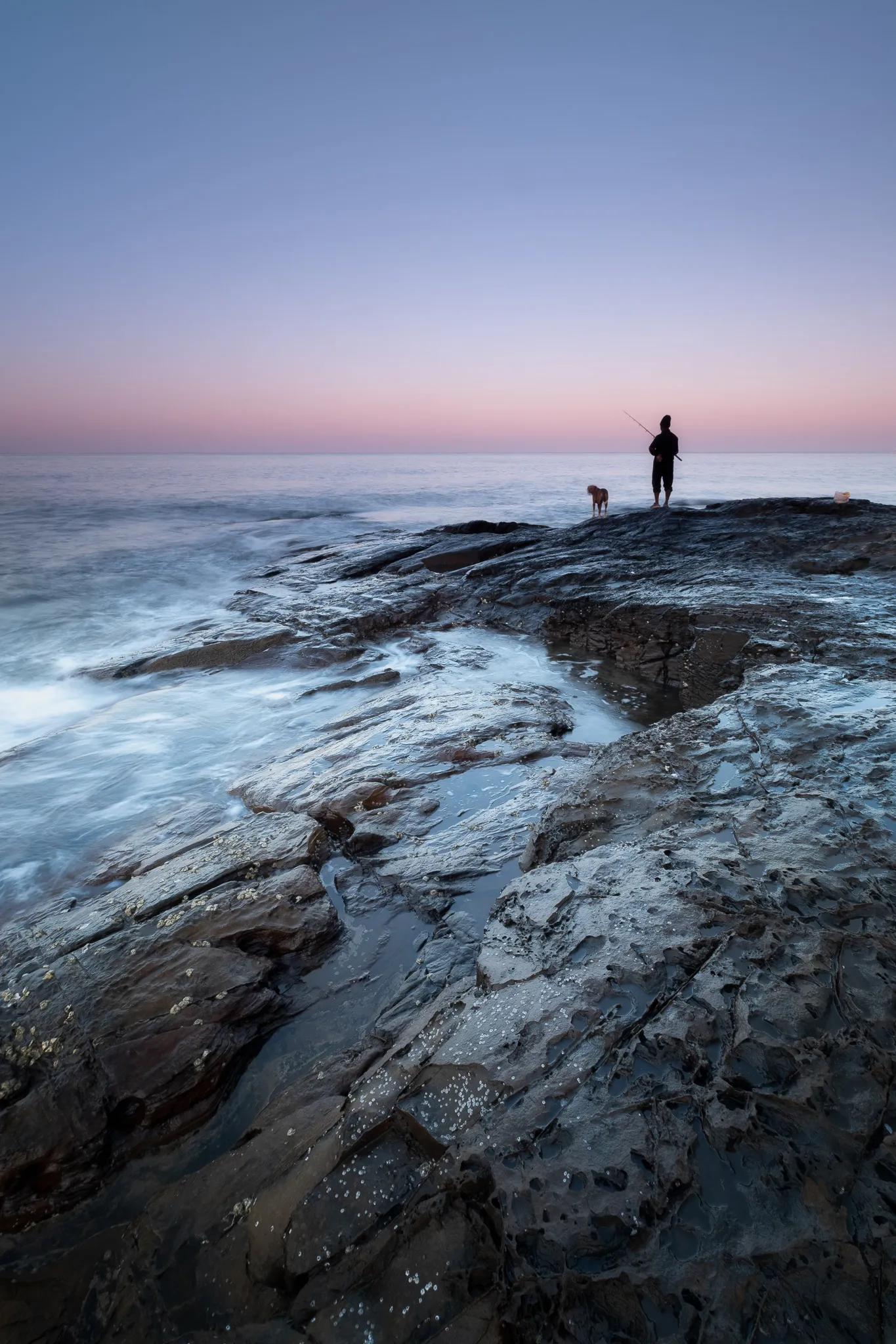 A fisherman and his dog silhouetted on basalt rocks at blue hour, Anjuna, Goa