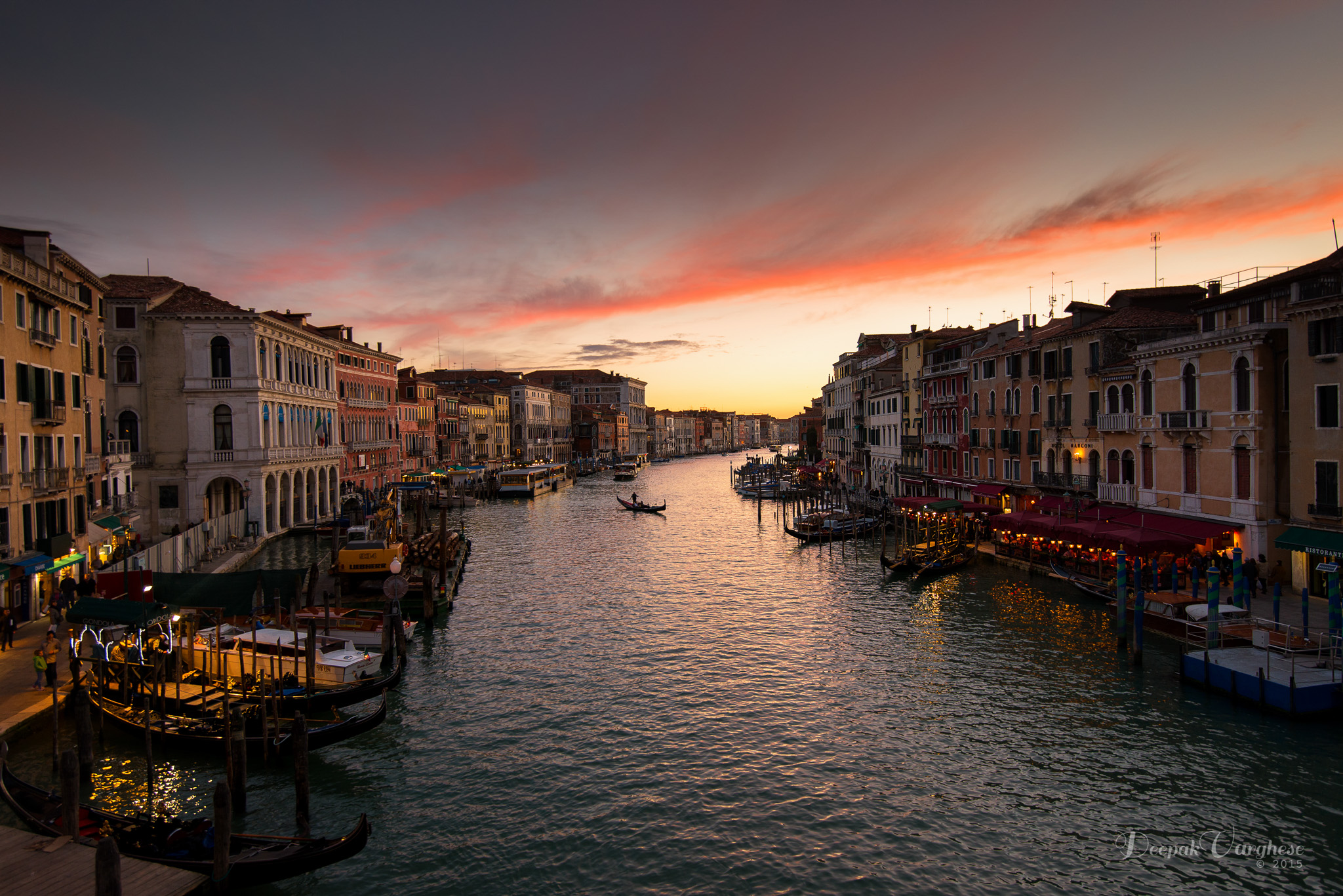 Venice at dusk with warm light on historic facades